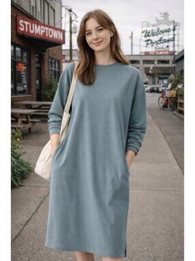 Muji Womens Midi Dress Sz XS Smoky Green Organic Cotton Minimalist Quiet Luxury